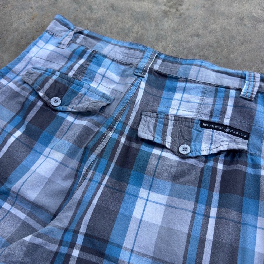 Vintage Y2K Beverly Hills Polo Club Cargo Shorts Plaid Baggy Blue 32 (f7) - Picture 4 of 6